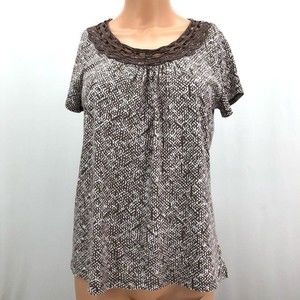 St Johns Bay Womens Short Sleeve Shirt Top Size M Brown & White Print